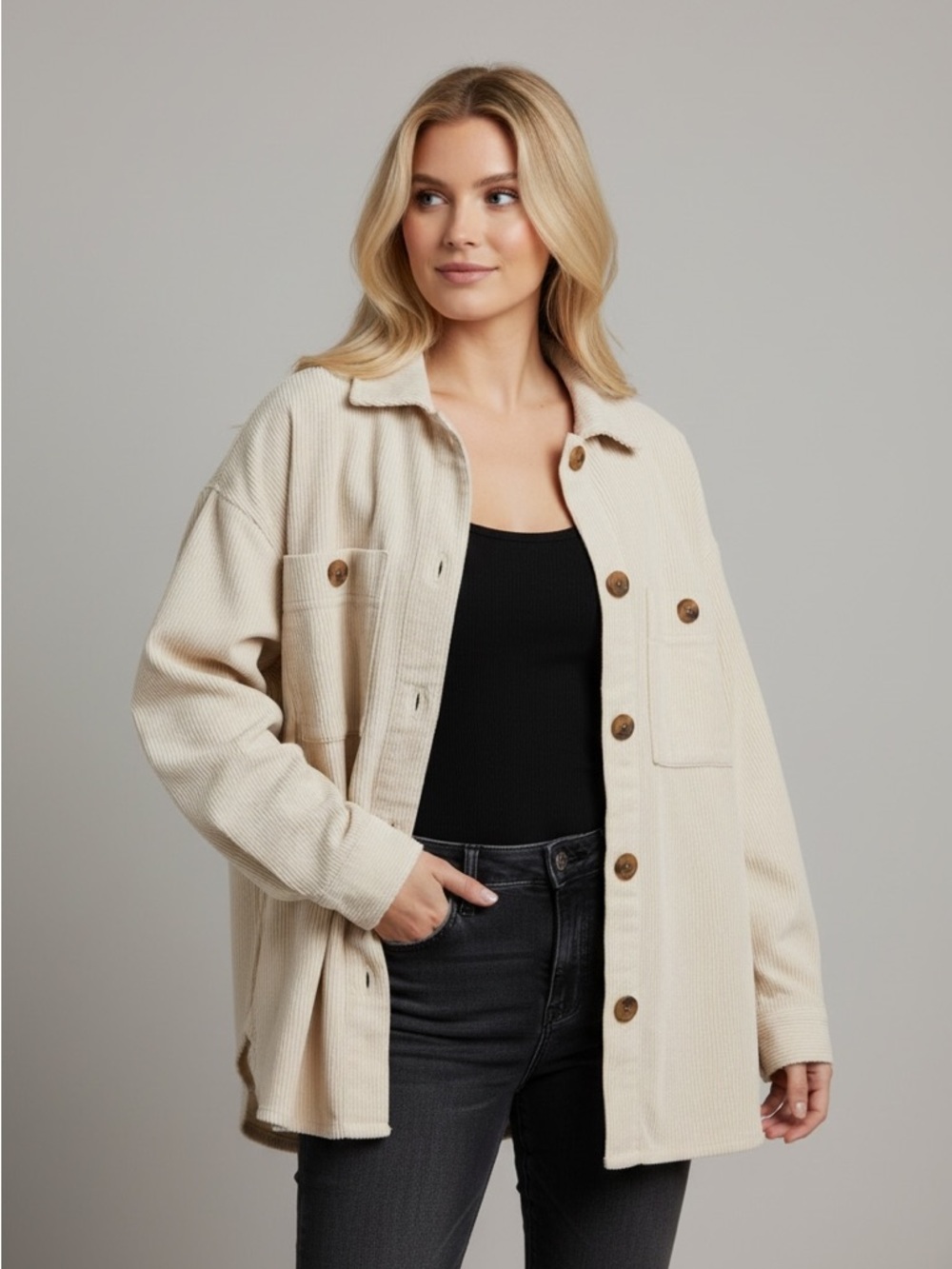 DIP Cream Ribbed Corduroy Button Front Jacket XL Collared Chest Pockets Lined